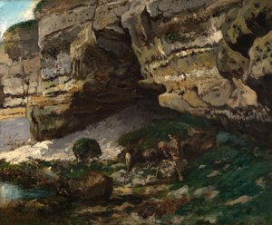 Kallioinen maisema ja metsäkauriita tekijältä Gustave Courbet