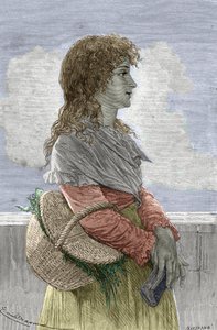 Ranskan vallankumous: "" Manonin (Jeanne Marie) muotokuva Roland Philipon dite Madame Roland (1754-1793), Girondin-puolueen jäsen, nuori tyttö" - Kaiverrus Gustave Demoulinin "" Maineikkaat naiset" - 1887 - "" Manon ( Jeanne Marie) Roland Philiponin puhelu