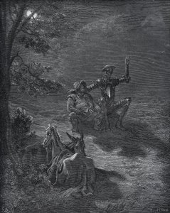 Yökeskustelu - Miguel Cervantesin (1547-1616) "Don Quijote de la Manchasta" (Don Quijote) - Gustave Doren piirtämän puupiirros tekijältä Gustave Dore
