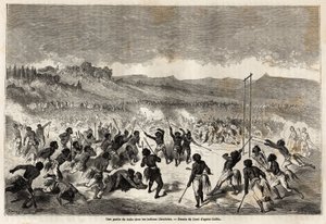 Gustave Doren (1832-1883) piirtämä pallopeli Choctaws-intiaanien, Mississippin alueen heimon, kanssa havainnollistamaan Baudouin Mollhausenin (1825-1905) Mississippi-matkaa Tyynellemerelle vuosina 1853-54. Kaiverrus "" Le tour du monde, nouveau j tekijältä Gustave Dore