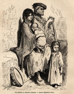 Nomaditanssijaperhe lepäämässä Sevillan kaduilla. Gustave Dore (1832-1883) livenä esittämän sketsin. Kaiverrus havainnollistamaan matkaa Espanjassa, Charles Davillier ja Gustave Dore vuonna 1862, "Le tour du monde, nouveau journal des voyag" tekijältä Gustave Dore
