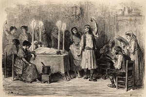 Hautaustanssi hautauspäivän aikana Jijonasissa (Alicanten maakunta). Gustave Dore (1832-1883) livenä esittämän sketsin. Kaiverrus havainnollistamaan matkaa Espanjassa, Charles Davillier ja Gustave Dore vuonna 1862 teoksessa "Le tour du monde, nouveau jour" tekijältä Gustave Dore