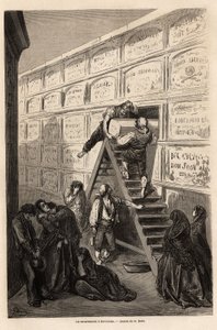 Hautajaiset Barcelonassa, Gustave Doren (1832-1883) piirustukset havainnollistamaan hänen matkaansa Espanjaan C. Davillierin kanssa vuonna 1862. Kaiverrus kirjaan "" Le tour du monde ", toimittanut Edouard Charton tekijältä Gustave Dore