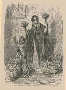 Ryhmä nuoria naisia, jotka myyvät kukkia koreista tekijältä Gustave Dore