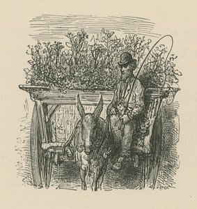 Mies ajaa kärryä, joka on täynnä kasveja ja kukkia tekijältä Gustave Dore