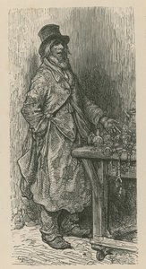 Mies myy tavaroitaan myyntikojussaan. tekijältä Gustave Dore