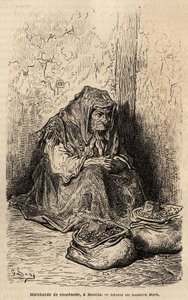 Maapähkinäkauppias, luonnos live-tapahtumasta puerta del solissa Madridissa. Gustave Doren (1832-1883) kaiverrus havainnollistamaan hänen matkaansa Espanjaan Ch. Davillier (toimittaja), vuonna 1862, julkaistu "" Le tour du monde""" 1869, toimittanut Edouar tekijältä Gustave Dore
