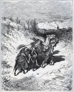Kyntäjä tuo Don Quijoten ja Rossinanten takaisin kylään - Miguel Cervantesin "Don Quijote de la Manchasta" tekijältä Gustave Dore