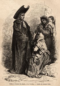 Pappi ja kansan nainen rätteihin pukeutuneena; ammattimaiset espanjalaiset kerjäläiset asettuivat kirkkojen hoviin hyödyntääkseen taitavasti kristillistä rakkautta. Gustave Dore (1832-1883) livenä esittämän sketsin. Kaiverrus matkan havainnollistamiseksi tekijältä Gustave Dore