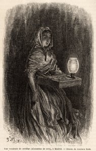 Vaha tulitikkujen myyjä, luonnos livenä Puerta del solissa Madridissa. Gustave Doren (1832-1883) kaiverrus havainnollistamaan hänen matkaansa Espanjaan Ch. Davillier (toimittaja), vuonna 1862, julkaistu "" Le tour du monde""" 1869, toimittanut Edouard Char tekijältä Gustave Dore