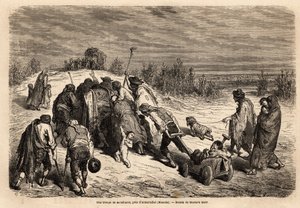 Joukko kerjäläisiä ja sairaita, todellinen ihmeiden tuomioistuin, on menossa ahkeraan pyytämään mantelia Almuradielin (Manchan provinssi) läheisyydessä. Gustave Doren (1832-1883) piirustus. Kaiverrus havainnollistamaan Espanjan matkaa, Charles vuonna 1862 tekijältä Gustave Dore