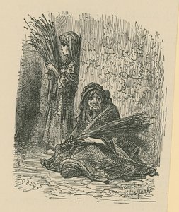 Nainen ja nuori tyttö myyvät kuivia kukkia tekijältä Gustave Dore
