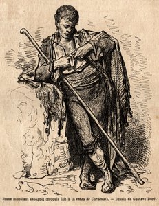 Nuori kerjäläinen, a la vente de Cardenas, majatalo Almadenin tiellä (kanaalin maakunta). Gustave Dore (1832-1883) livenä esittämän sketsin. Kaiverrus havainnollistamaan matkaa Espanjassa, Charles Davillier ja Gustave Dore vuonna 1862 teoksessa "Le tour d" tekijältä Gustave Dore