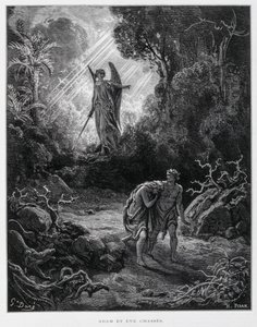 Aatami ja Eeva karkotetaan Eedenin puutarhasta enkelin toimesta, kuvitus Dore Bible -teoksesta. tekijältä Gustave Dore