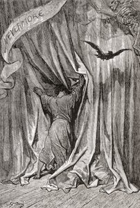 Gustave Doren Edgar Allan Poen runoon Korppi tekemän piirroksen mukaan. Teoksesta Life and Reminiscences of Gustave Dore, julkaistu 1885. tekijältä Gustave Dore