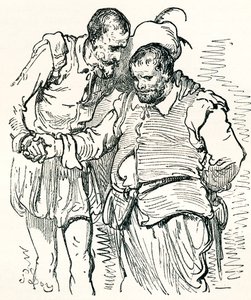 Gustave Doren alkuperäisen Don Quijotea ja Sancho Panzaa esittävän piirroksen mukaan. Teoksesta Gustave Doren elämä ja muistelmat, julkaistu 1885. tekijältä Gustave Dore