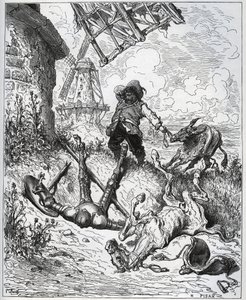 Hyökkäyksen jälkeen antaa tuulimyllyt - "" Misericorde! "" Sancho - Miguel Cervantesin (1547-1616) "" Don Quijote de la Manchasta" (Don Quijote) - Puupiirros Gustave Doren piirtämänä tekijältä Gustave Dore