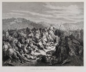 Ahab taistelee assyrialaisia vastaan Qarqarin taistelussa , kuvitus Dore Bible -teoksesta. tekijältä Gustave Dore