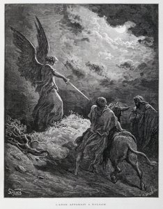 Enkeli kohtasi Bileamin miekan kanssa, kuvitus Doren Raamatusta. tekijältä Gustave Dore