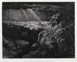 Enkeli Johannes Kastajan kanssa Jerusalemin edustalla, kuvitus Doren Raamatusta. tekijältä Gustave Dore