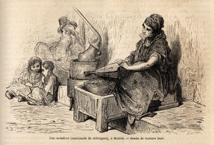 Ulkoilmakastanjakauppias kannettavalla uunillaan luonnostelee elävää puerta del solia Madridissa. Gustave Doren (1832-1883) kaiverrus havainnollistamaan hänen matkaansa Espanjaan Ch. Davillier (toimittaja), vuonna 1862, julkaistu "" Le tour du monde""" 18 tekijältä Gustave Dore
