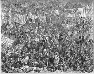 Arrivee de Don Quijote Camachen häissä - Miguel Cervantesin (1547-1616) "Don Quijote de la Manchasta" (Don Quijote) - Gustave Doren piirtämän puupiirros tekijältä Gustave Dore