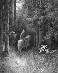 Kun hän ylitti pimeän metsän, hän itse näki kolmen ilosta hullun hengen hyppäävän tien reunaan suuren kukan päällä (pyöreän pöydän ritari, joka tapasi kolme henkeä Brocélianden metsässä) - "" Junièvressa"" kirjoittanut Alfred Tennyson, ill. kirjoittanut Gu tekijältä Gustave Dore