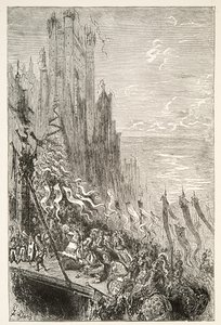 Fountainin kreivittären kaupungissa, Charles Henry Hansonin kirjoittamista Tarinoita kuningas Arthurin päivistä, julkaisu 1898. tekijältä Gustave Dore