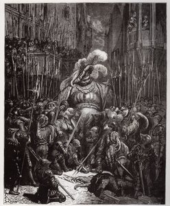 Äänen alussa kiitti ystävällisesti kaikkia legiooniensa hitsaajia - kuvitus teoksesta "Gargantua ja Pantagruel", Francois Rabelais - kaiverrus Gustave Doren (1832-1883) tekijältä Gustave Dore