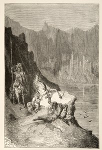 Balin Slays Sir Lanceor, Charles Henry Hansonin kirjoittamasta Tarinoita kuningas Arthurin päivistä, julkaisu 1898. tekijältä Gustave Dore