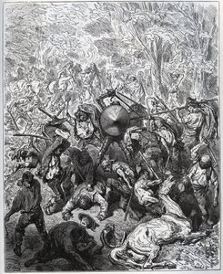 Taistelu muulintekijöiden kanssa - Yangoit käyttivät mailojaan - Miguel Cervantesin (1547-1616) "Don Quijote de la Mancha" (Don Quijote) - Gustave Doren piirtämän puupiirros tekijältä Gustave Dore