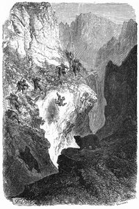 Karhunmetsästys Pyreneillä: mies putoaa vuorelta. Gustave Doren kaiverrus, joka kuvittaa Hippolyte Tainen kirjaa "Matka Pyreneille", Hachette 1860. tekijältä Gustave Dore