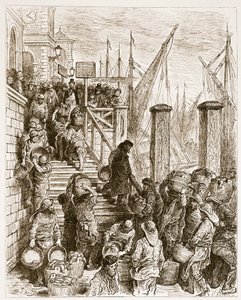 Billingsgate, Landing the Fish, "London, pyhiinvaellus", kirjoittanut William Blanchard Jerrold (1826-94) ja kaivertanut Hildibrand, pubi. 1872 tekijältä Gustave Dore