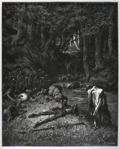 Bivouac metsässä - Paikan kauneudesta innostuneina he päättivät viettää siellä päiväunet - Miguel Cervantesin (1547-1616) "Don Quijote de la Mancha" (Don Quijote) - Puupiirros piirtämisen jälkeen Gustave Dore tekijältä Gustave Dore