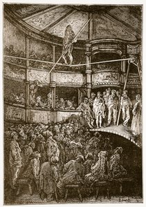 Blondin at Shoreditch, "Lontoo, pyhiinvaellus", kirjoittanut William Blanchard Jerrold (1826-94) ja kaivertanut Gauchard, pubi. 1872 tekijältä Gustave Dore