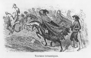 Brittiläisiä turisteja, kuvitus Hippolyte Tainen (1828-93) teoksesta "Voyage aux Pyrenees", kaivertaja Emile Deschamps (1800-luku). tekijältä Gustave Dore