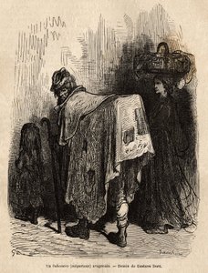 Buhonero, aragonialainen kauppias. Gustave Doren (1832-1883) piirustus. Kaiverrus havainnollistamaan matkaa Espanjassa, Charles Davillier, vuonna 1862, julkaistu "" Le tour du monde""" 1872, toimittanut Edouard Charton, Hachette painos, Pariisi. Selva Coll tekijältä Gustave Dore