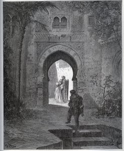 Vangitseva tarina. Vangin ensimmäinen kohtaaminen Zoraiden kanssa isän puutarhassa, joka tuo hänet takaisin pahoinvointinsa jälkeen Miguel Cervantesin "Don Quijote de la Manchasta" tekijältä Gustave Dore