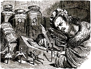 Honore de Balzacin (1799-1850) pilapiirros, jonka Gustave Dore (1832-1883) on piirtänyt Tales Drolatiques -teosta (1855) varten: kirjailija on kuvattu enthomologina, joka tutkii ihmisiä kuin hyönteisiä kaapissaan, joka on täynnä enthomologisia ja dissekoit tekijältä Gustave Dore