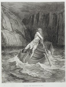 Charon, Helvetin lauttamies, Dante Alighierin (1265-1321) jumalallisesta komediasta (Inferno), kaiverrus Stephane Pannemaker (1847-1930) n. 1868 tekijältä Gustave Dore