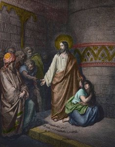 "" Kristus ja aviorikosnainen"" Gustave Doren (1832-1883) kuvitus - Jeesus ja aviorikoksesta otettu nainen - kaiverrus Gustave Dore - myöhemmin väritys tekijältä Gustave Dore