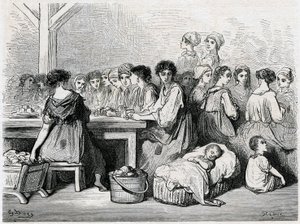 Sevillan sikarit. Sikarien, työläisten, tupakan valmistus. Gustave Doren piirros, joka havainnollistaa Charles Davillierin "" Voyage en Espagne -teosta". tekijältä Gustave Dore