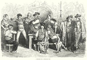 Seurue espanjalaisessa majatalossa (kaiverrus) tekijältä Gustave Dore