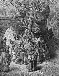 Joukko katsojia ja katsojia häissä, kohtaus S.T.:n elokuvasta The Rime of the Ancient Mariner Coleridge, julkaisija Harper und Brothers, New York, 1876 (puukaiverrus) tekijältä Gustave Dore