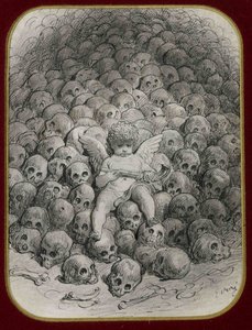 ""Amor aseistettu pistoolilla, joka istuu kallovuorella"" (Cupid with a Pistol on Top of a Skull) Muste ja piirros Gustave Doren (1832-1883) Yksityinen kokoelma tekijältä Gustave Dore