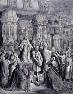 Kyros II Suuri (580 eKr. - 530 eKr.) vapautti vangitut kansat saapuessaan Babyloniin vuonna 539 eKr. ja palautti juutalaisille pyhät astiat, jotka oli viety saaliiksi Jerusalemin temppelissä. Kaiverrus Gustave Doré. tekijältä Gustave Dore