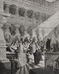 Daniel tulkitsee kirjoitusta seinälle, Daniel 5:25-28, kuvitus Doren 