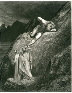 Dante ja Vergilius kohtaavat Minotauroksen. Kaiverrus Dante Alighierin teoksesta The Hell (Divine Comedie), jonka on kuvittanut Gustave Dore. Ranskalainen painos vuodelta 1861. "E in su la punta della rotta lacca/L