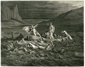 Dante ja Vergilius purjehtivat Nocher Phlegyaksen johdolla Styx-joella, jossa kahlaavat damnit, jotka yrittävät kiivetä veneeseen. Kaiverrus Dante Alighierin teoksesta The Hell (Divine Comedie), jonka on kuvittanut Gustave Dore. Ranskalainen painos vuodelt tekijältä Gustave Dore