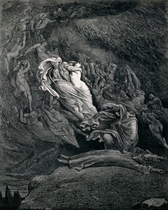 Dante ja Vergilius Paolon ja Francescan kanssa, kuvitus Infernolle, jumalallisen komedian laulu V, kirjoittanut Dante Alighieri (1265-1321), kirjoittanut Gustave Dore (1832-1883) tekijältä Gustave Dore